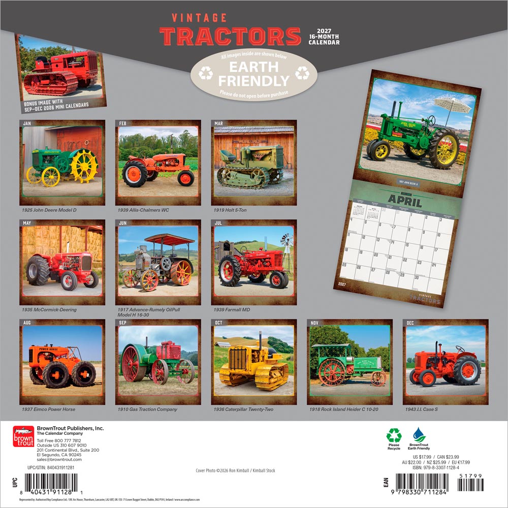 Vintage Tractors | 2027 12 x 24 Inch (Hanging) Monthly Square Wall Calendar
