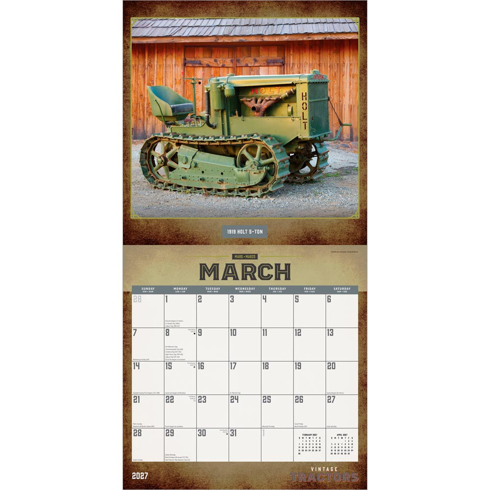 Vintage Tractors | 2027 12 x 24 Inch (Hanging) Monthly Square Wall Calendar