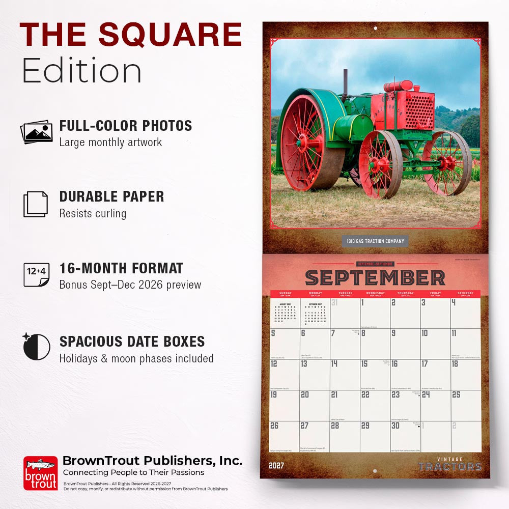 Vintage Tractors | 2027 12 x 24 Inch (Hanging) Monthly Square Wall Calendar
