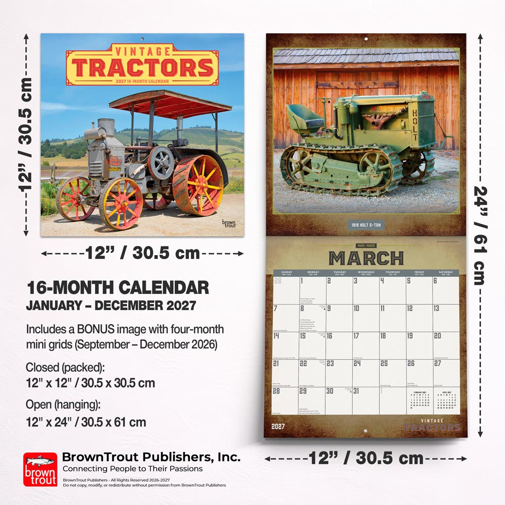 Vintage Tractors | 2027 12 x 24 Inch (Hanging) Monthly Square Wall Calendar