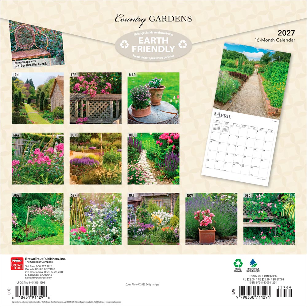 Country Gardens | 2027 12 x 24 Inch (Hanging) Monthly Square Wall Calendar
