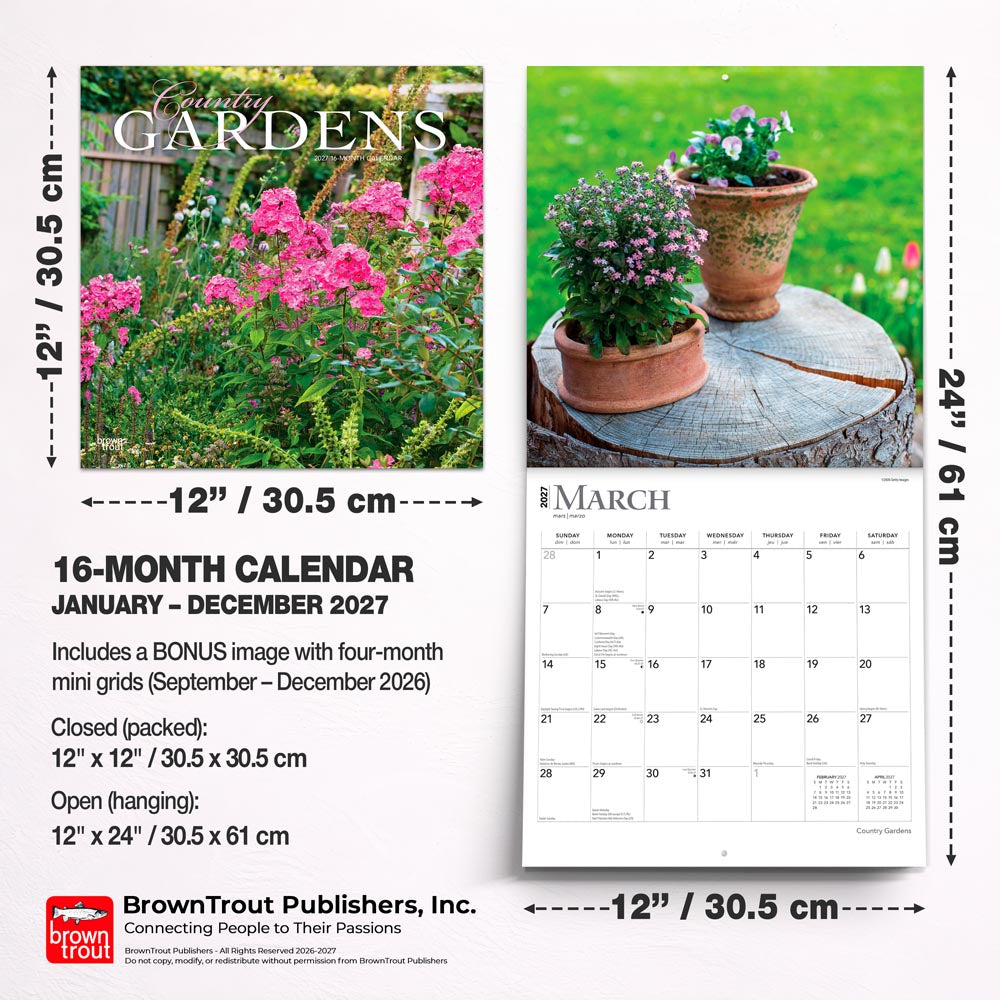 Country Gardens | 2027 12 x 24 Inch (Hanging) Monthly Square Wall Calendar