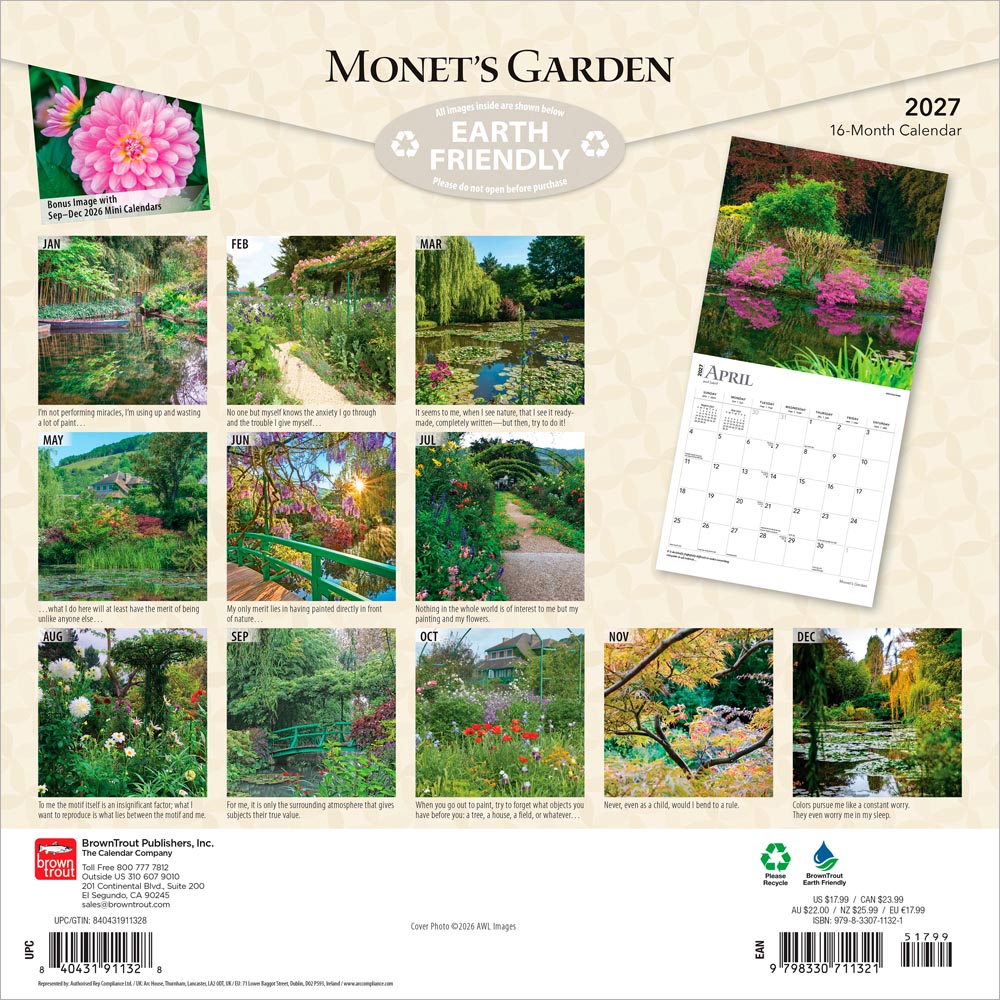 Monet's Garden | 2027 12 x 24 Inch (Hanging) Monthly Square Wall Calendar