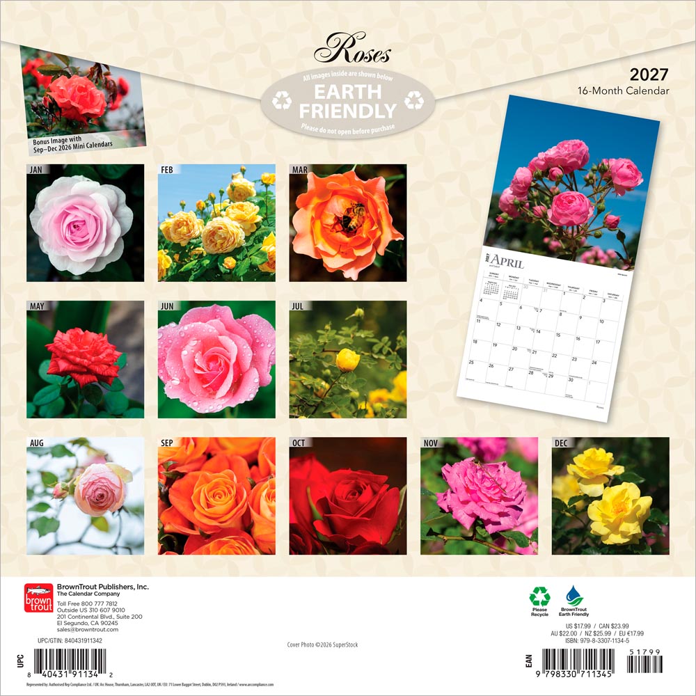 Roses | 2027 12 x 24 Inch (Hanging) Monthly Square Wall Calendar