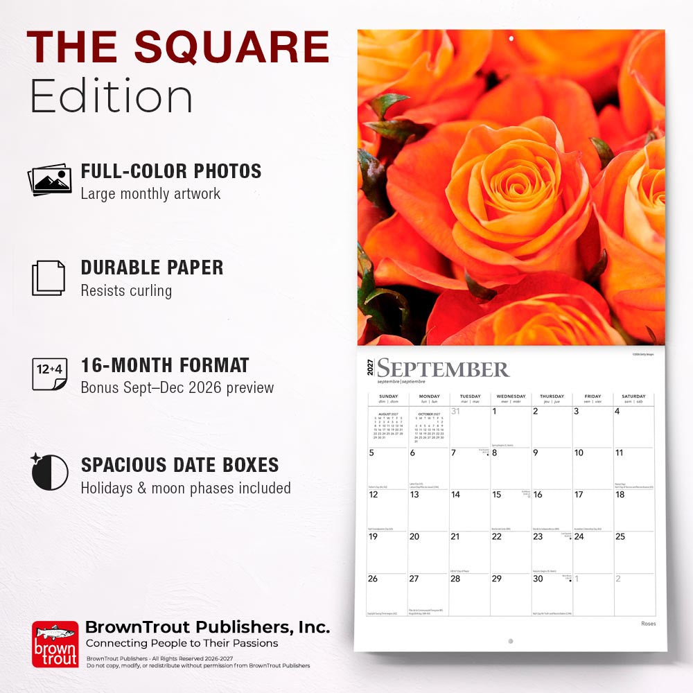 Roses | 2027 12 x 24 Inch (Hanging) Monthly Square Wall Calendar