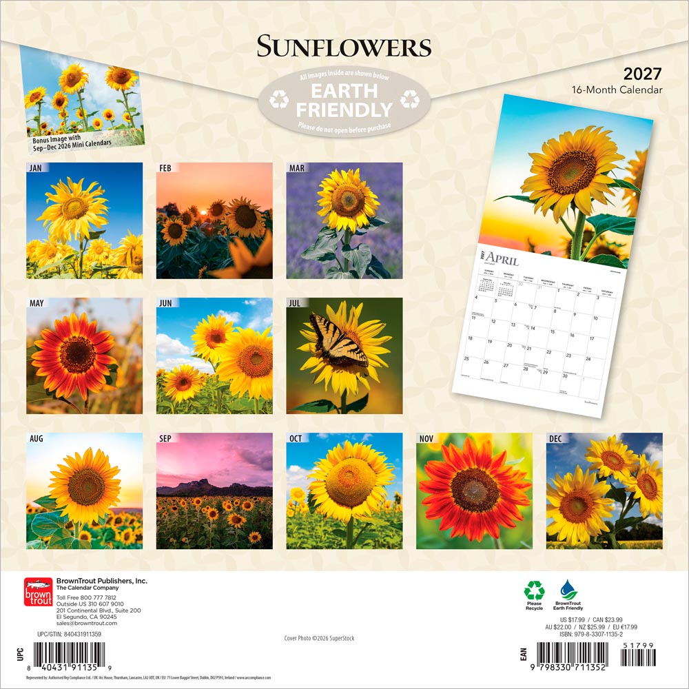 Sunflowers | 2027 12 x 24 Inch (Hanging) Monthly Square Wall Calendar