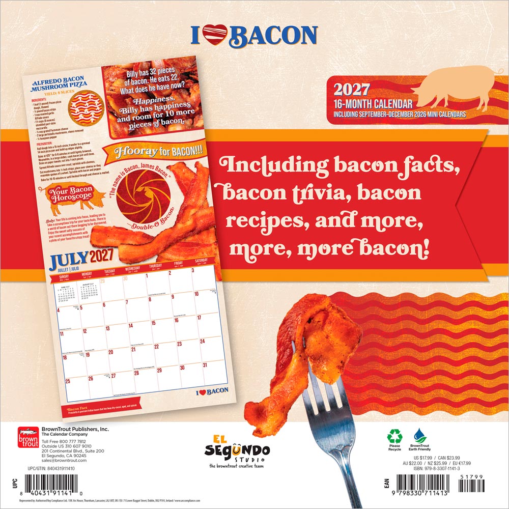 I Love Bacon | 2027 12 x 24 Inch (Hanging) Monthly Square Wall Calendar