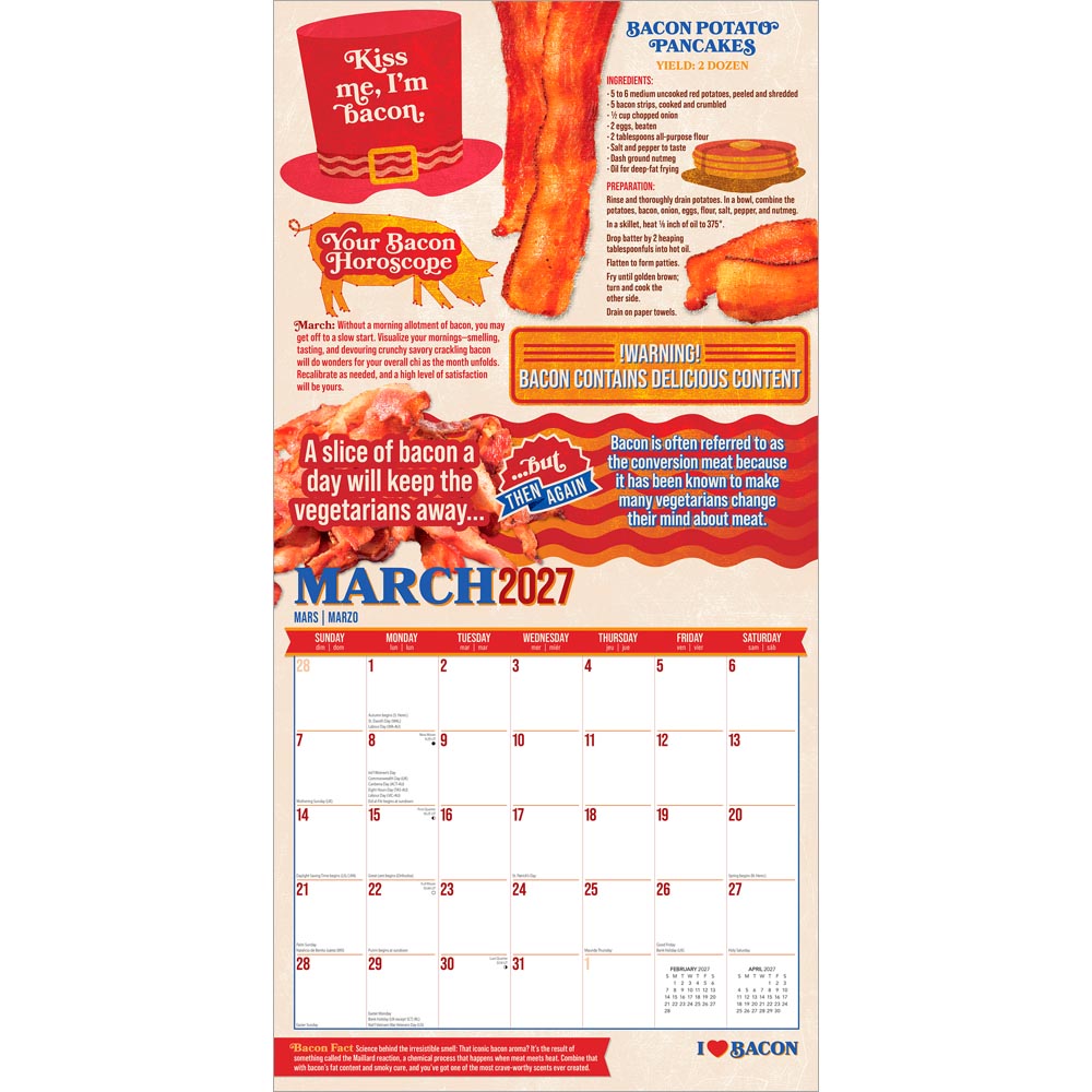 I Love Bacon | 2027 12 x 24 Inch (Hanging) Monthly Square Wall Calendar