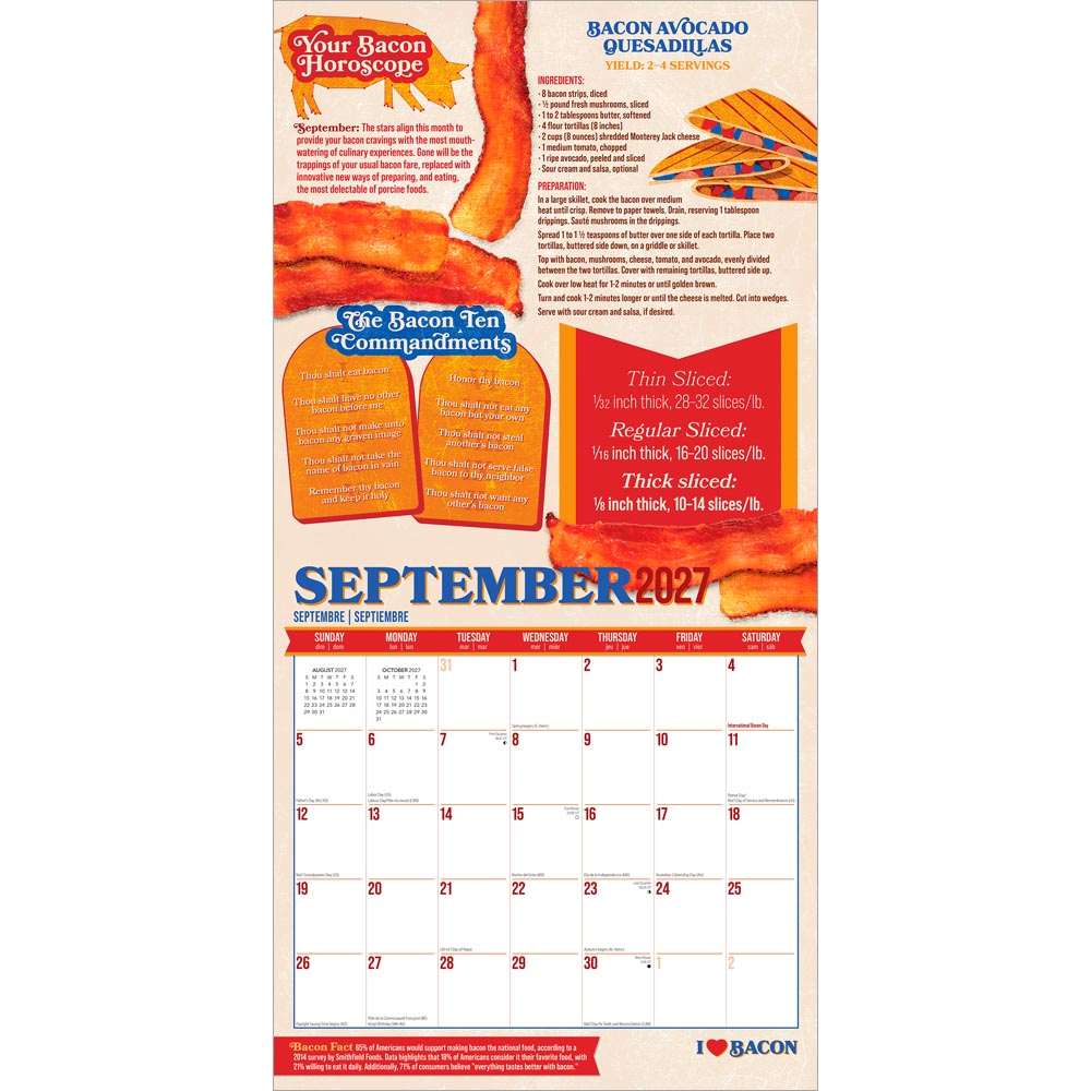 I Love Bacon | 2027 12 x 24 Inch (Hanging) Monthly Square Wall Calendar