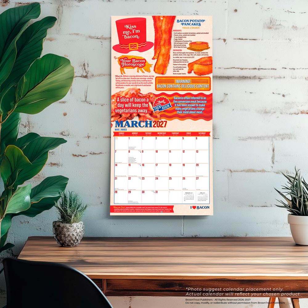I Love Bacon | 2027 12 x 24 Inch (Hanging) Monthly Square Wall Calendar