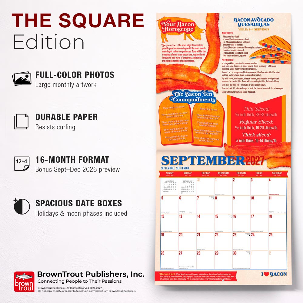 I Love Bacon | 2027 12 x 24 Inch (Hanging) Monthly Square Wall Calendar