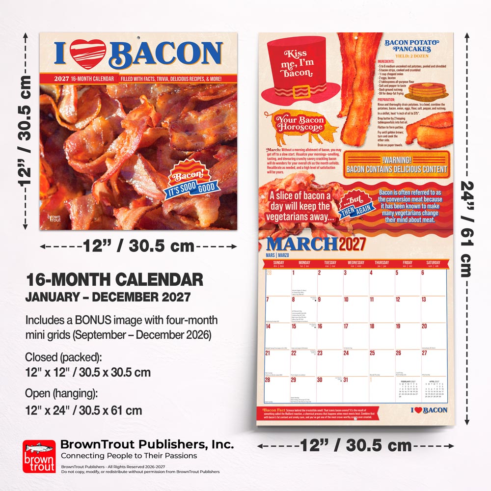 I Love Bacon | 2027 12 x 24 Inch (Hanging) Monthly Square Wall Calendar