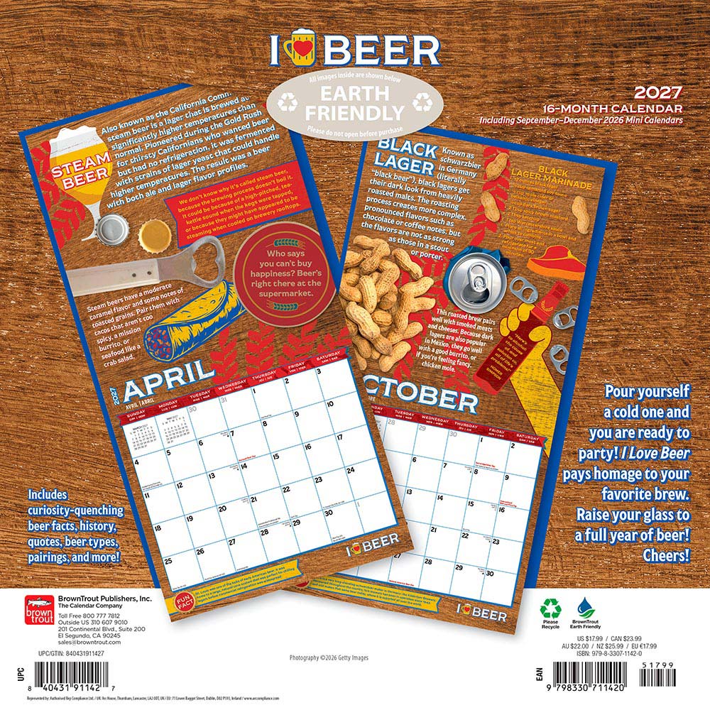 I Love Beer | 2027 12 x 24 Inch (Hanging) Monthly Square Wall Calendar