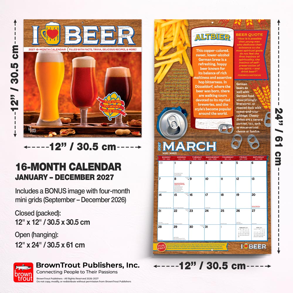 I Love Beer | 2027 12 x 24 Inch (Hanging) Monthly Square Wall Calendar