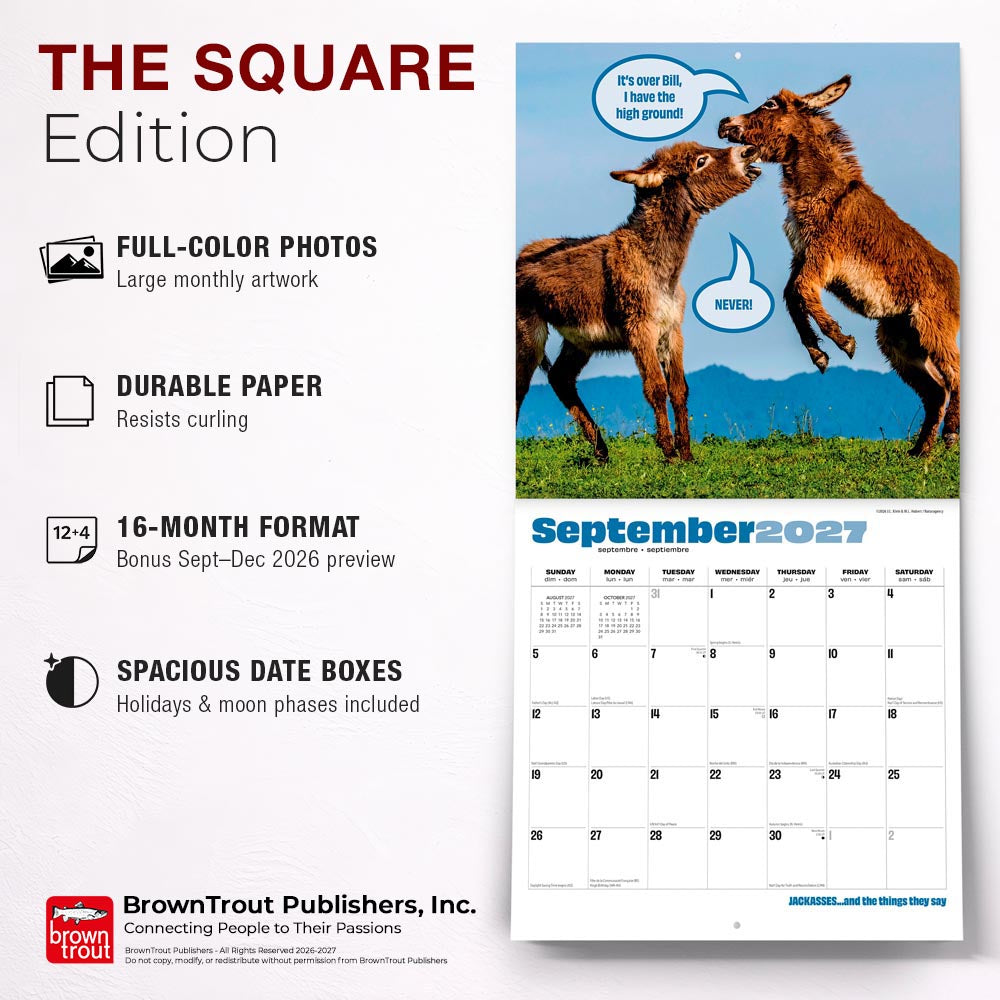 Jackasses | 2027 12 x 24 Inch (Hanging) Monthly Square Wall Calendar