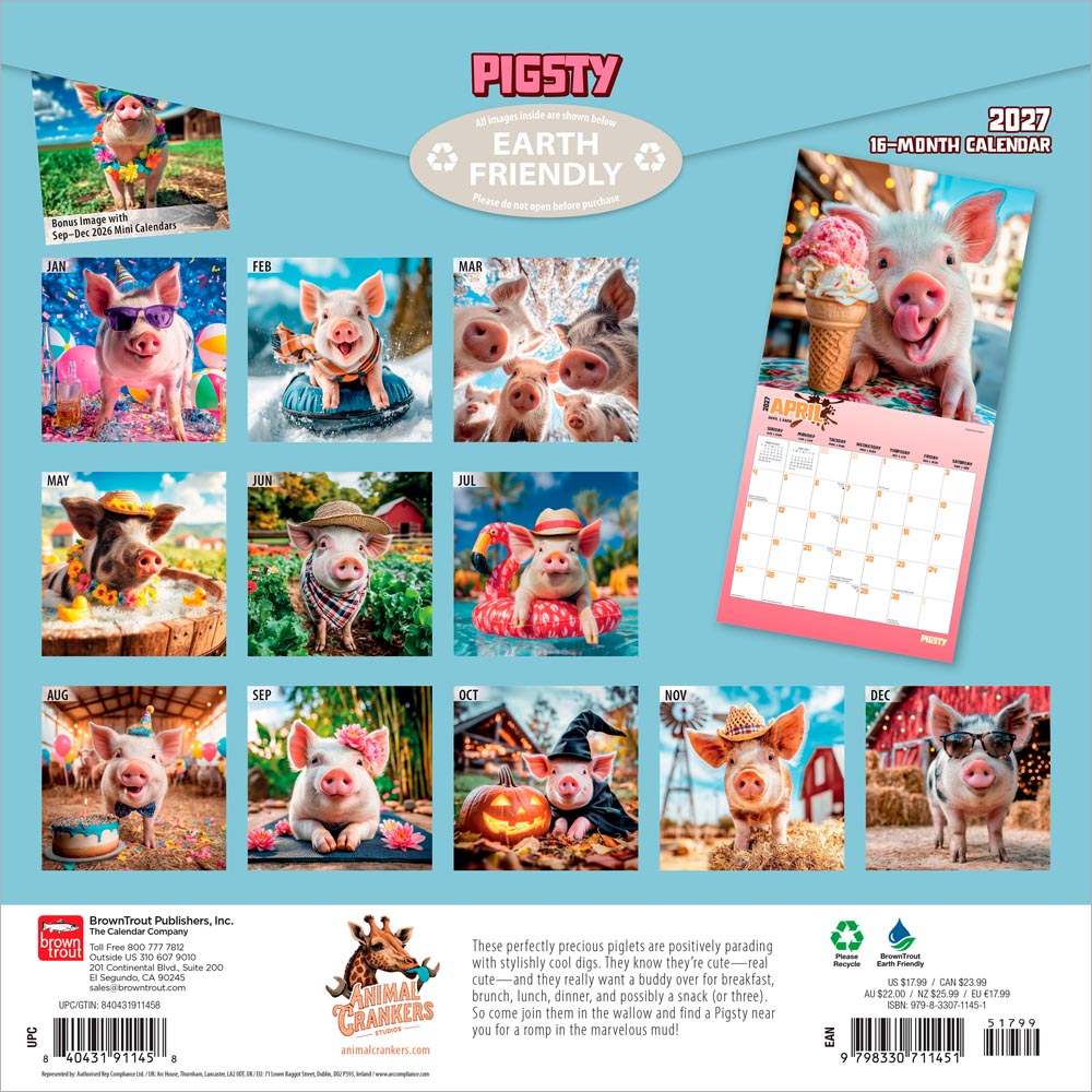 Pigsty | 2027 12 x 24 Inch (Hanging) Monthly Square Wall Calendar