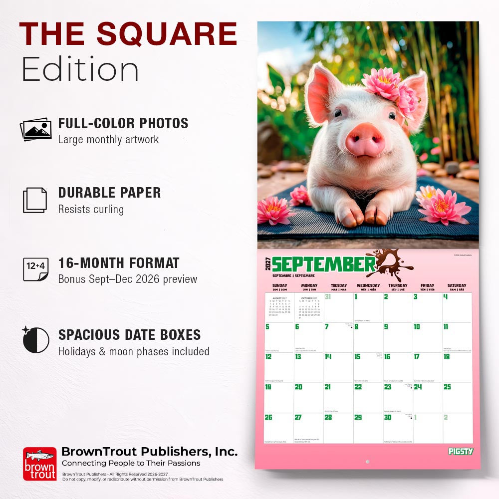 Pigsty | 2027 12 x 24 Inch (Hanging) Monthly Square Wall Calendar