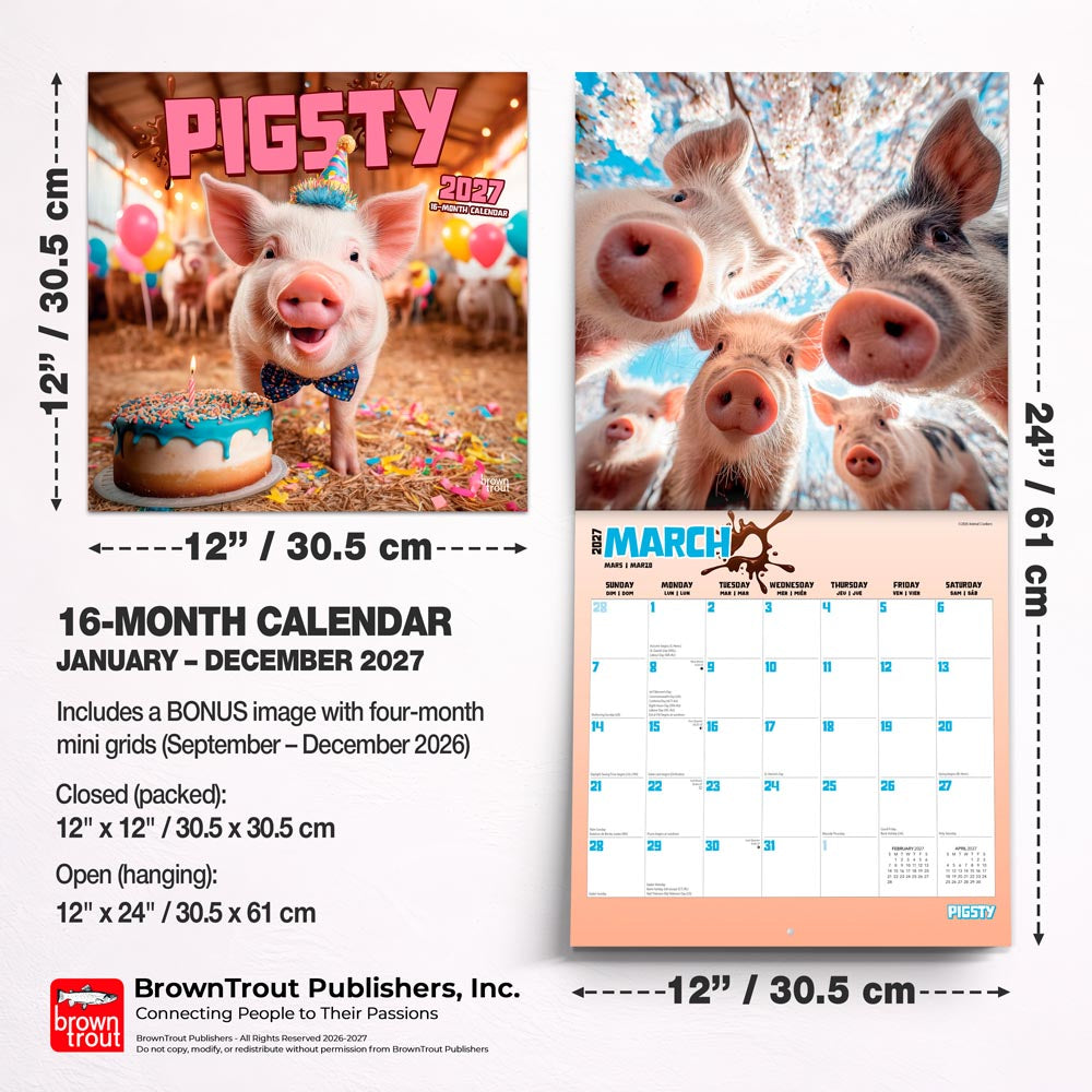 Pigsty | 2027 12 x 24 Inch (Hanging) Monthly Square Wall Calendar