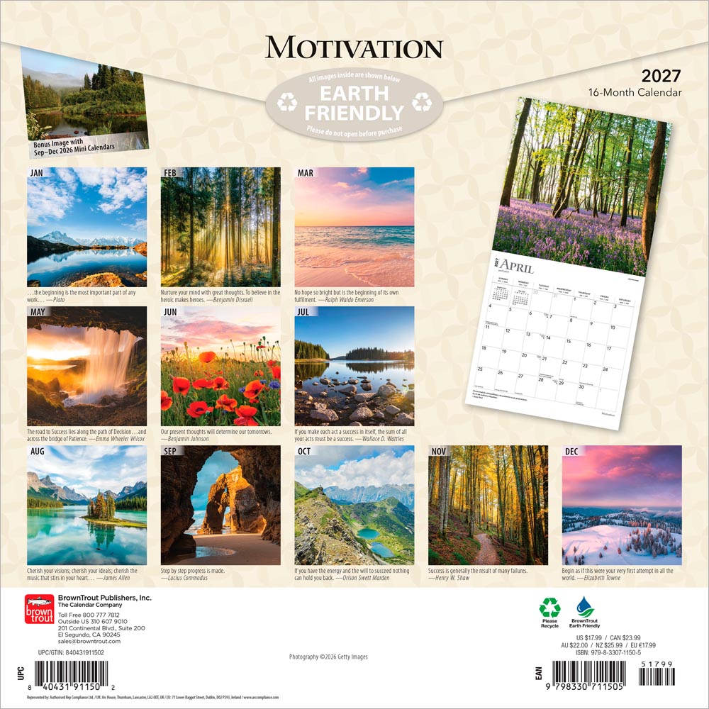 Motivation | 2027 12 x 24 Inch (Hanging) Monthly Square Wall Calendar | Foil Stamped Cover