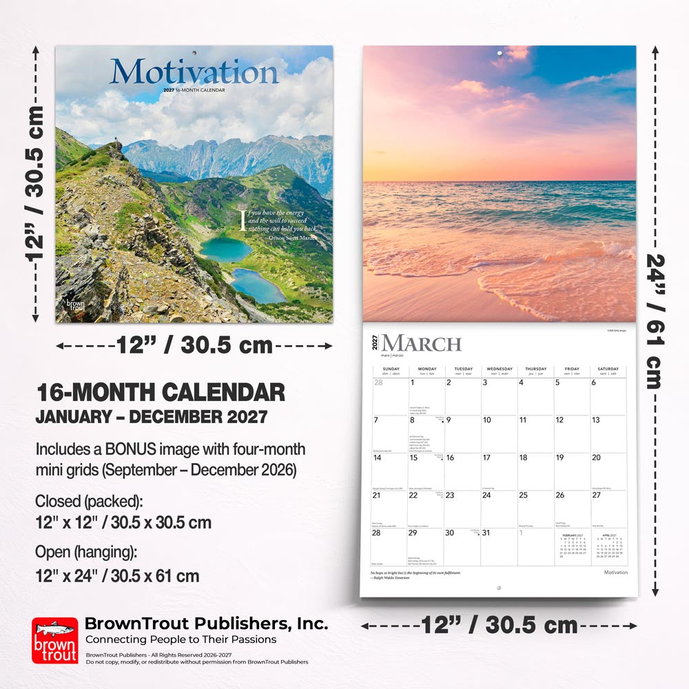 Motivation | 2027 12 x 24 Inch (Hanging) Monthly Square Wall Calendar | Foil Stamped Cover