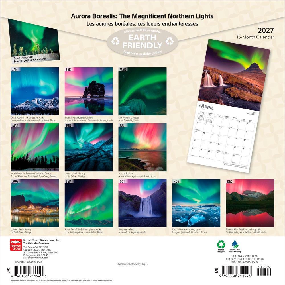 Aurora Borealis | 2027 12 x 24 Inch (Hanging) Monthly Square Wall Calendar | Foil Stamped Cover | English/French Bilingual