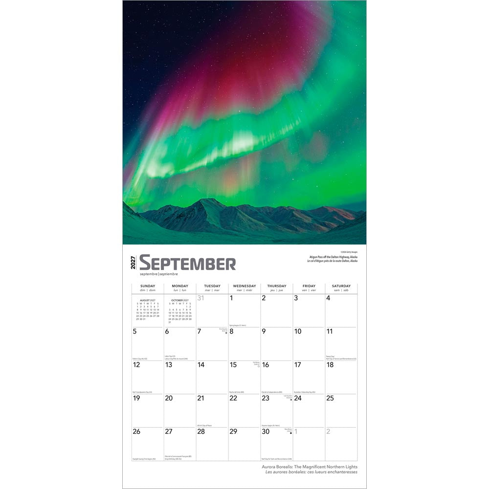 Aurora Borealis | 2027 12 x 24 Inch (Hanging) Monthly Square Wall Calendar | Foil Stamped Cover | English/French Bilingual