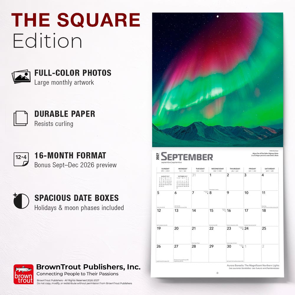Aurora Borealis | 2027 12 x 24 Inch (Hanging) Monthly Square Wall Calendar | Foil Stamped Cover | English/French Bilingual