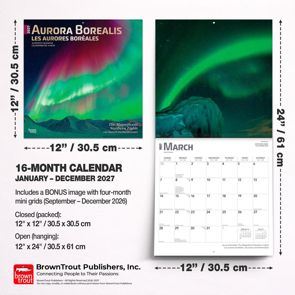 Aurora Borealis | 2027 12 x 24 Inch (Hanging) Monthly Square Wall Calendar | Foil Stamped Cover | English/French Bilingual