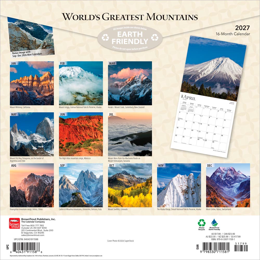 World's Greatest Mountains | 2027 12 x 24 Inch (Hanging) Monthly Square Wall Calendar | Foil Stamped Cover