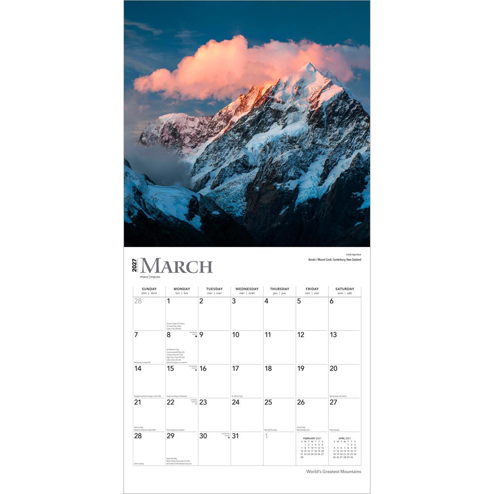 World's Greatest Mountains | 2027 12 x 24 Inch (Hanging) Monthly Square Wall Calendar | Foil Stamped Cover
