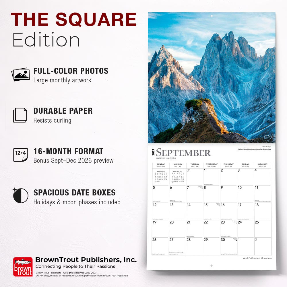World's Greatest Mountains | 2027 12 x 24 Inch (Hanging) Monthly Square Wall Calendar | Foil Stamped Cover