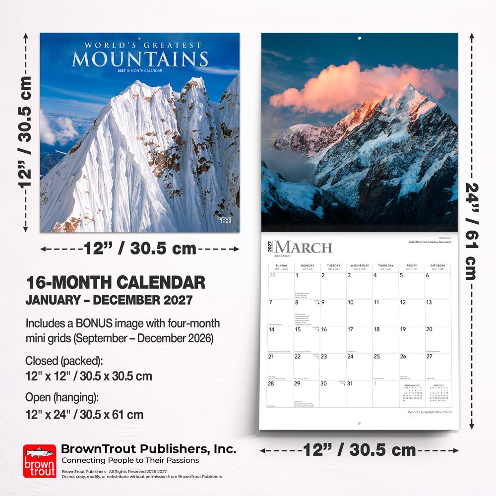World's Greatest Mountains | 2027 12 x 24 Inch (Hanging) Monthly Square Wall Calendar | Foil Stamped Cover