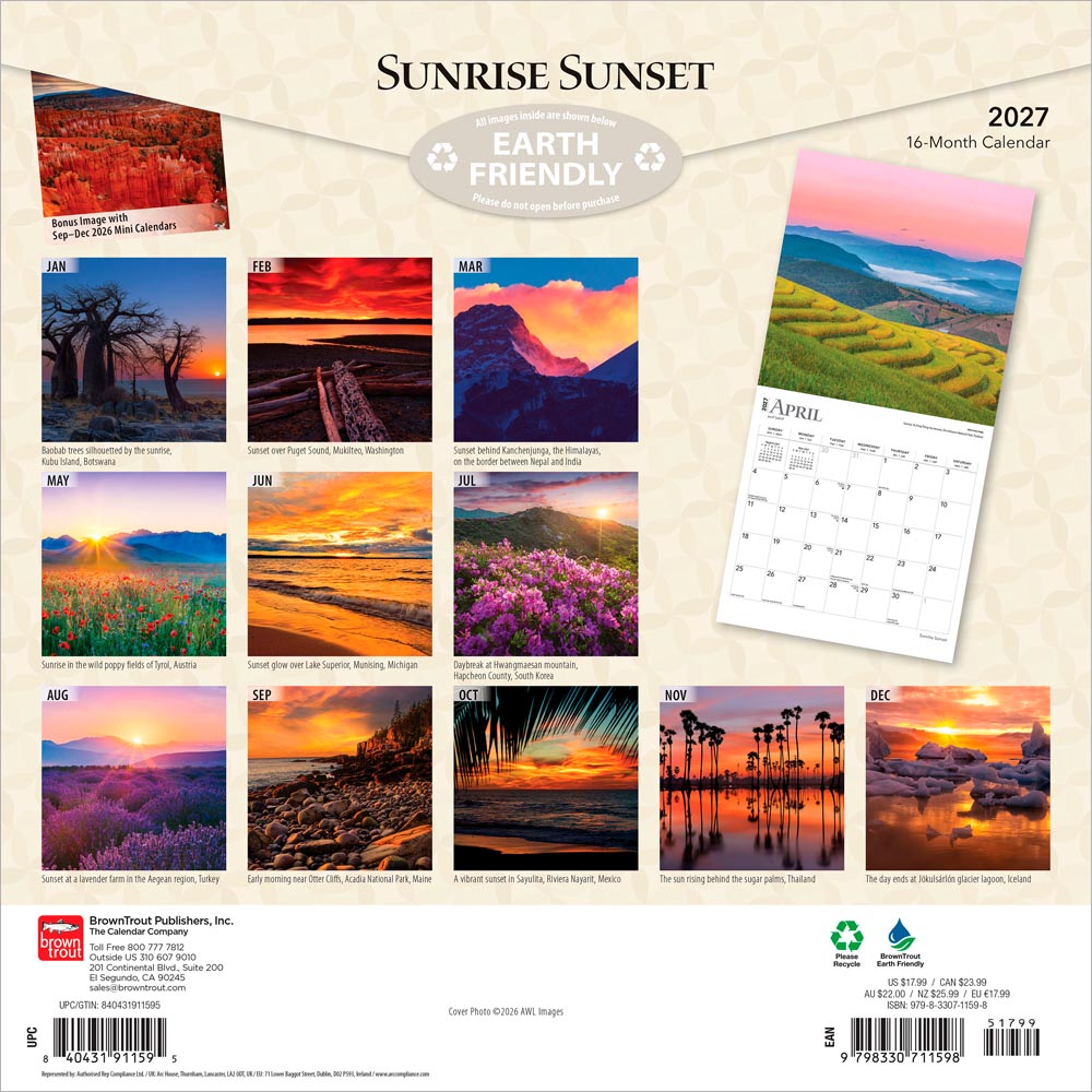 Sunrise Sunset | 2027 12 x 24 Inch (Hanging) Monthly Square Wall Calendar
