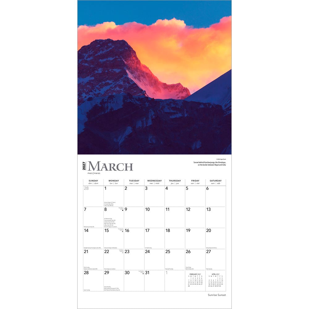 Sunrise Sunset | 2027 12 x 24 Inch (Hanging) Monthly Square Wall Calendar