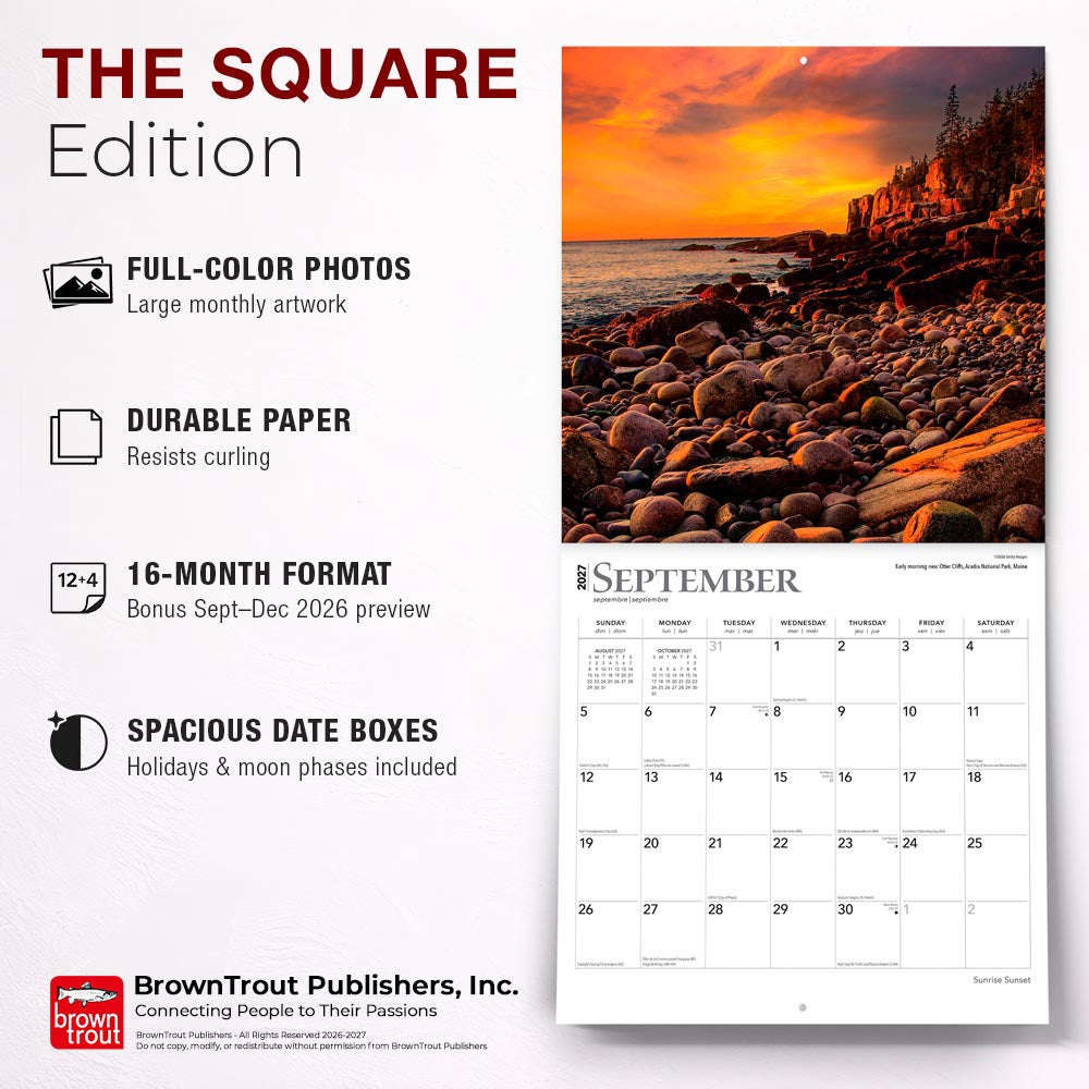Sunrise Sunset | 2027 12 x 24 Inch (Hanging) Monthly Square Wall Calendar