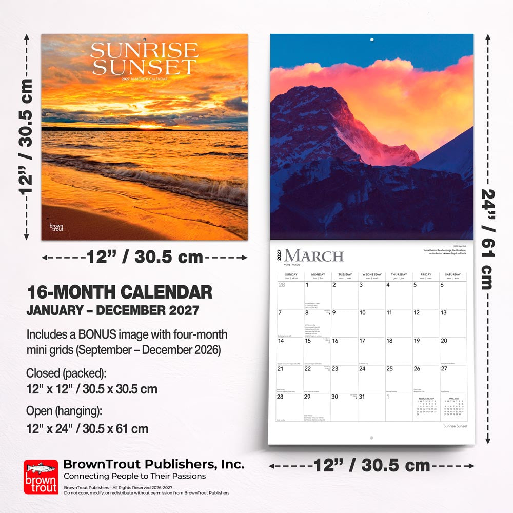Sunrise Sunset | 2027 12 x 24 Inch (Hanging) Monthly Square Wall Calendar