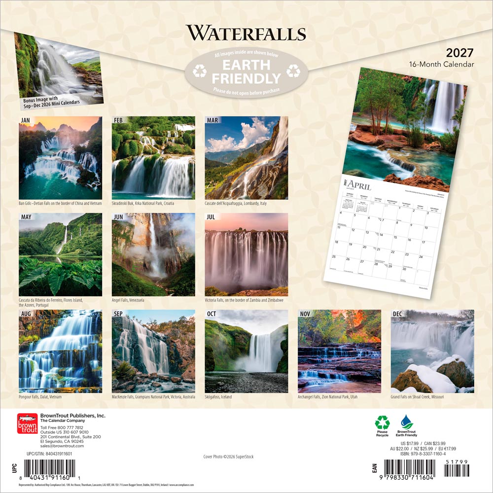 Waterfalls | 2027 12 x 24 Inch (Hanging) Monthly Square Wall Calendar