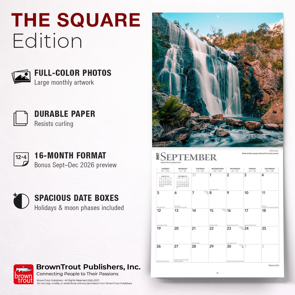 Waterfalls | 2027 12 x 24 Inch (Hanging) Monthly Square Wall Calendar