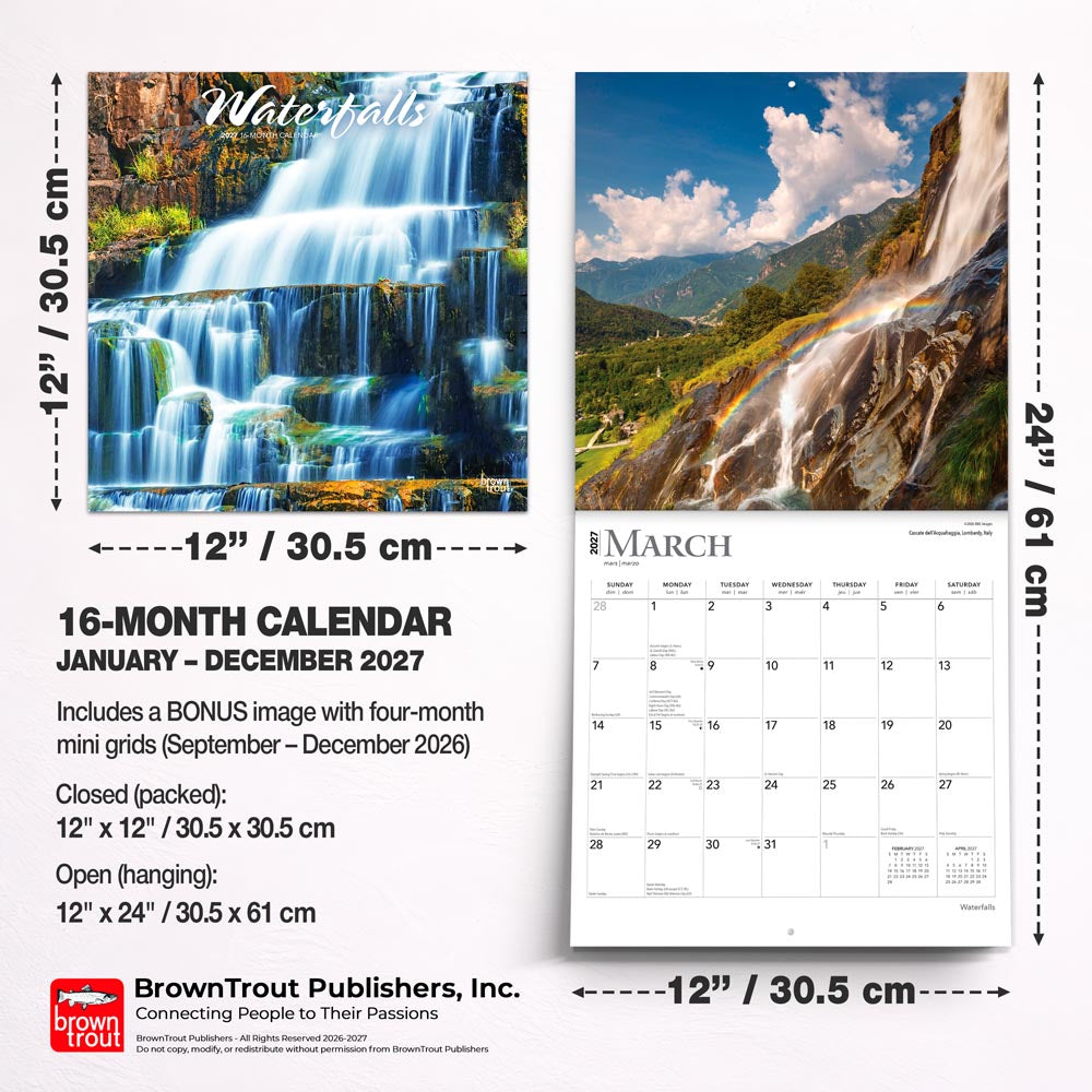 Waterfalls | 2027 12 x 24 Inch (Hanging) Monthly Square Wall Calendar