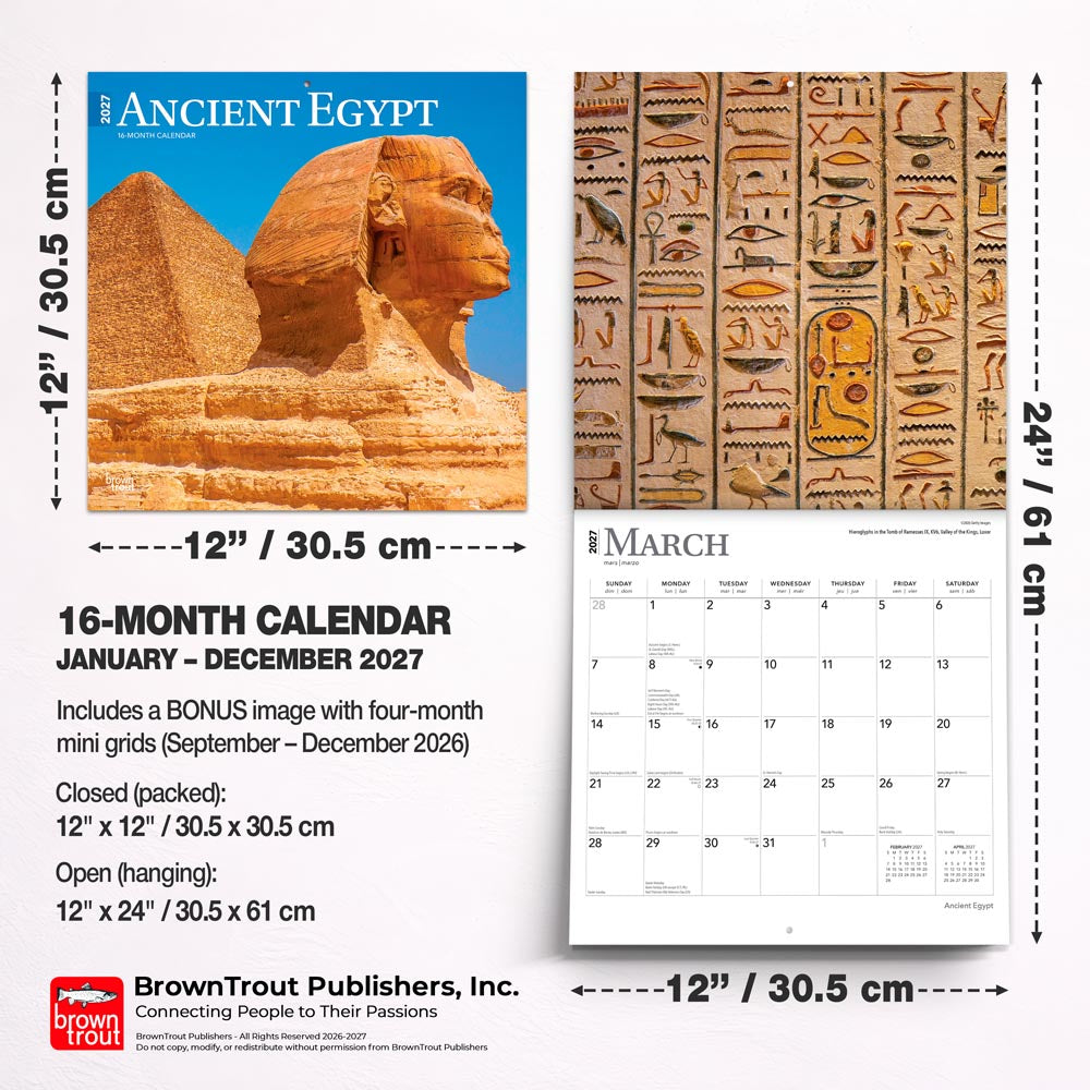 Ancient Egypt | 2027 12 x 24 Inch (Hanging) Monthly Square Wall Calendar