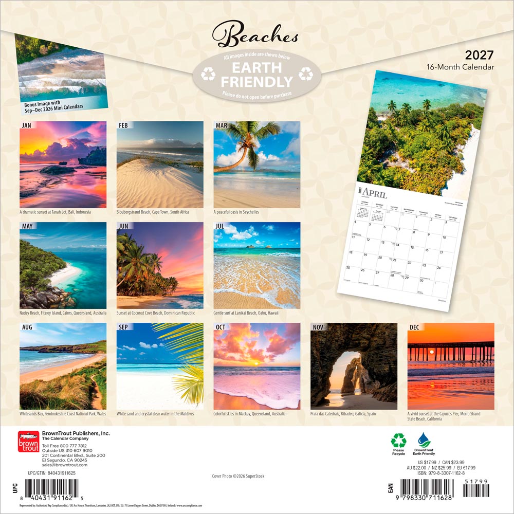 Beaches | 2027 12 x 24 Inch (Hanging) Monthly Square Wall Calendar | Foil Stamped Cover