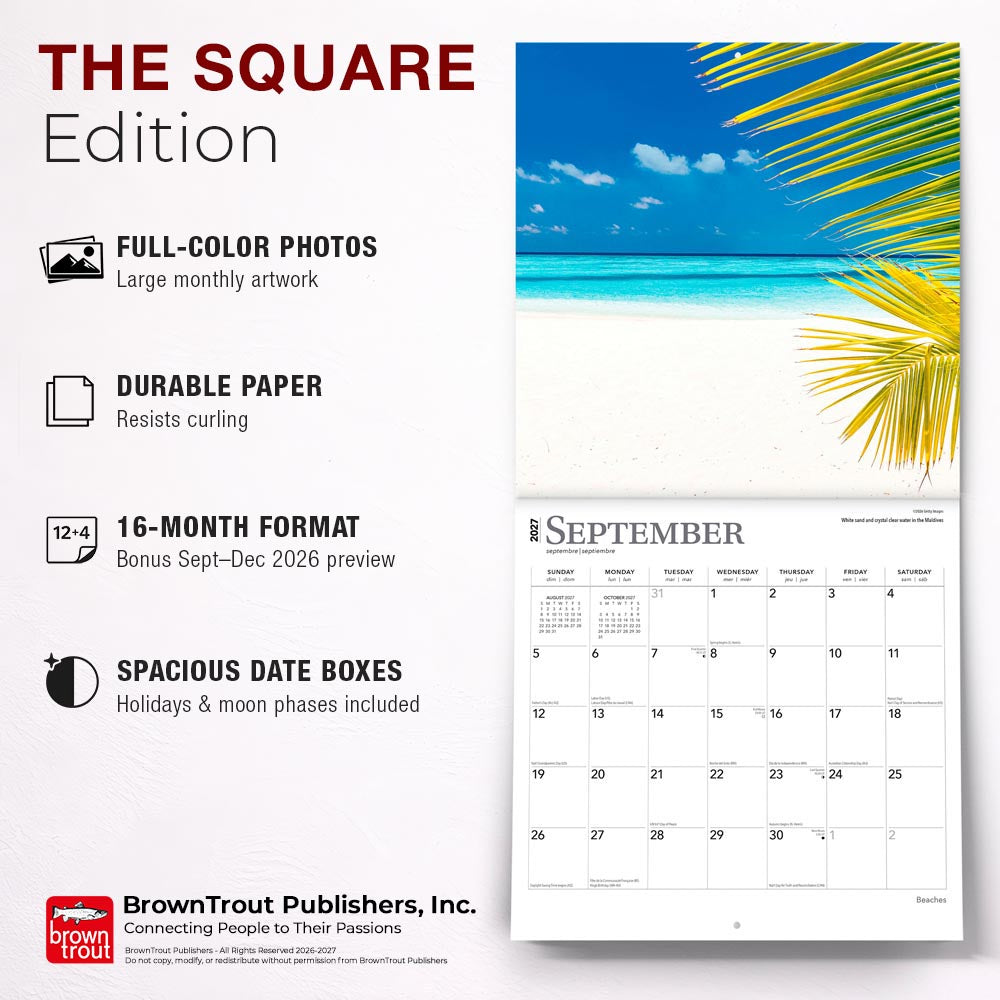 Beaches | 2027 12 x 24 Inch (Hanging) Monthly Square Wall Calendar | Foil Stamped Cover