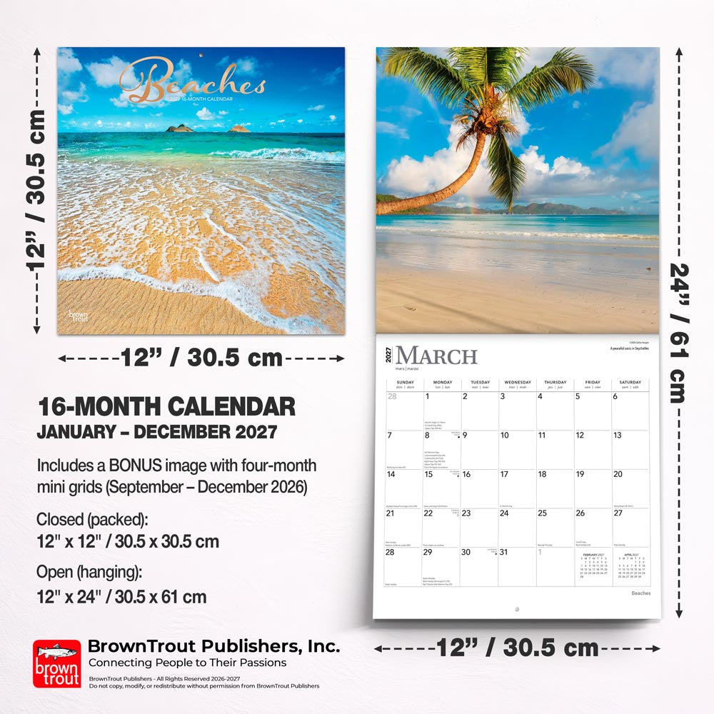 Beaches | 2027 12 x 24 Inch (Hanging) Monthly Square Wall Calendar | Foil Stamped Cover