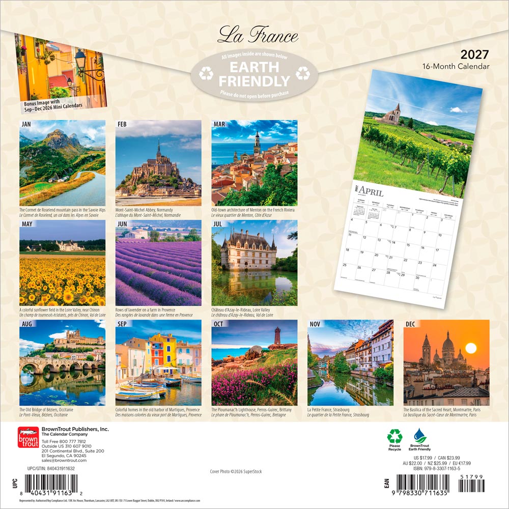 France | 2027 12 x 24 Inch (Hanging) Monthly Square Wall Calendar | Foil Stamped Cover | English/French Bilingual