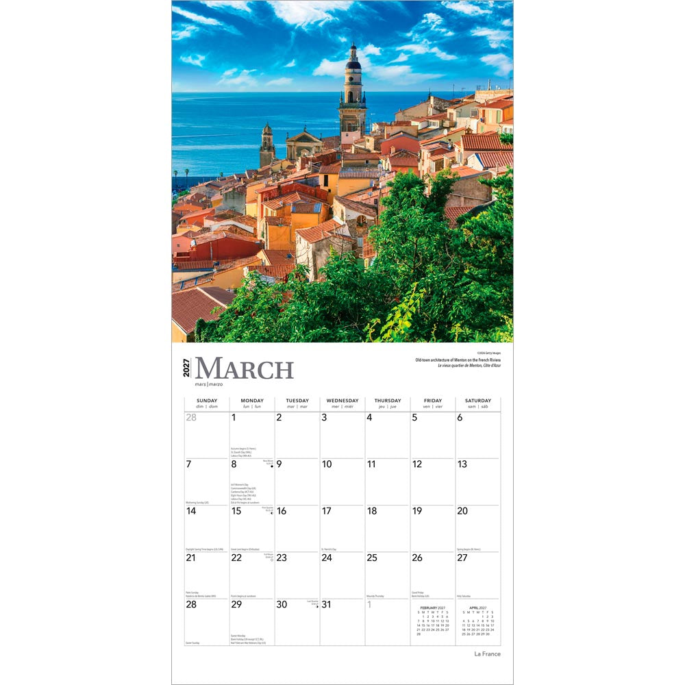 France | 2027 12 x 24 Inch (Hanging) Monthly Square Wall Calendar | Foil Stamped Cover | English/French Bilingual