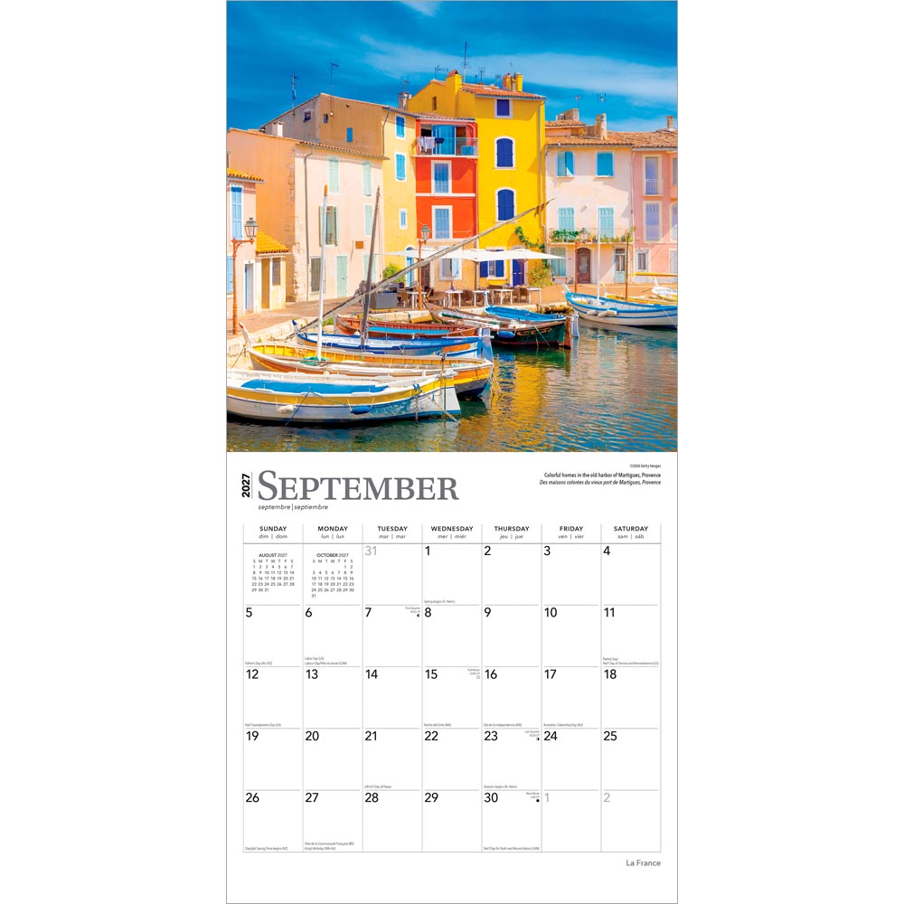 France | 2027 12 x 24 Inch (Hanging) Monthly Square Wall Calendar | Foil Stamped Cover | English/French Bilingual