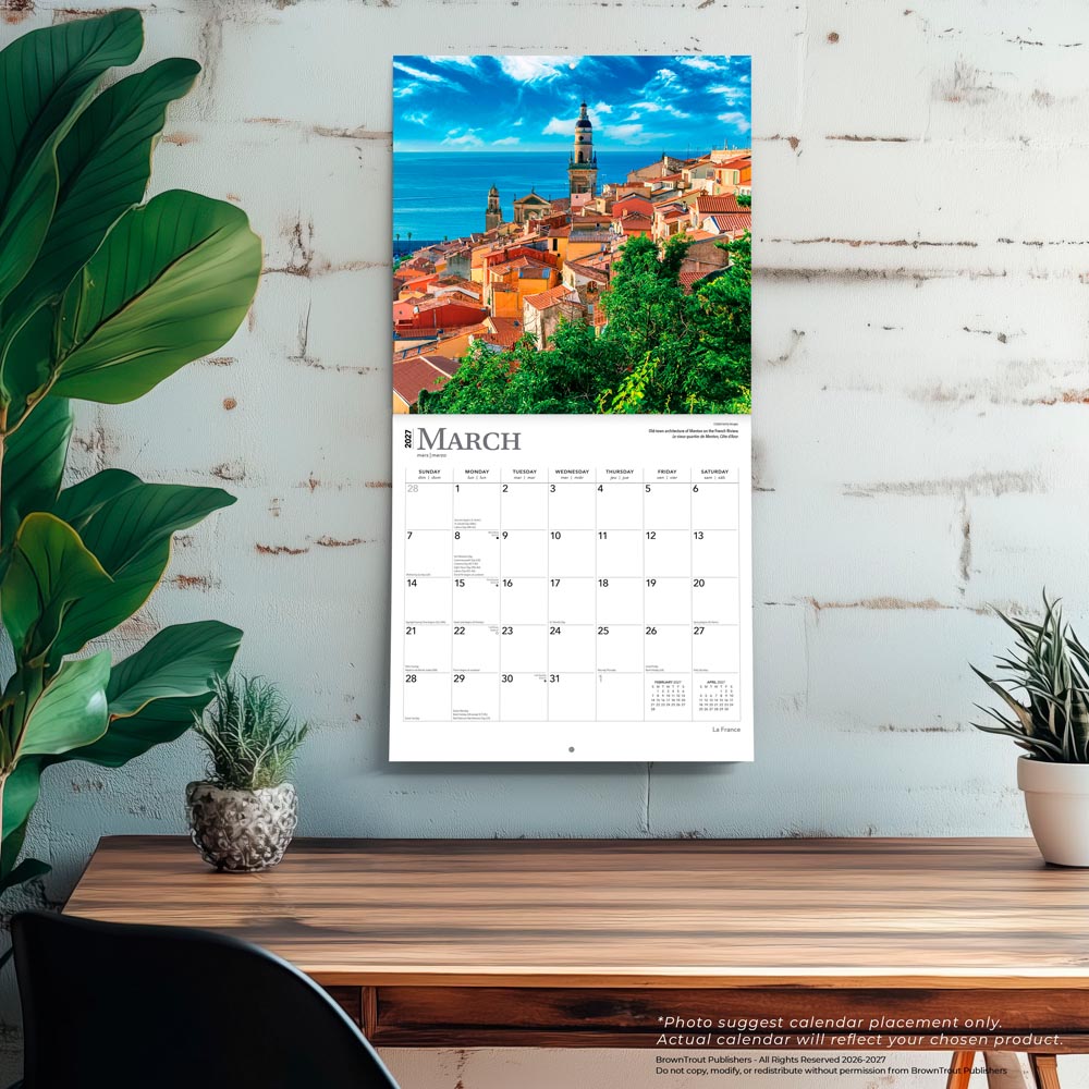 France | 2027 12 x 24 Inch (Hanging) Monthly Square Wall Calendar | Foil Stamped Cover | English/French Bilingual
