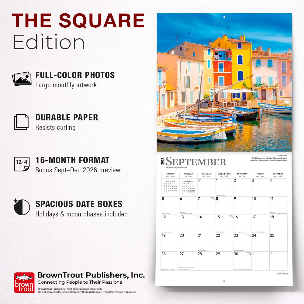 France | 2027 12 x 24 Inch (Hanging) Monthly Square Wall Calendar | Foil Stamped Cover | English/French Bilingual