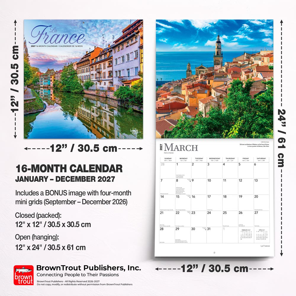 France | 2027 12 x 24 Inch (Hanging) Monthly Square Wall Calendar | Foil Stamped Cover | English/French Bilingual