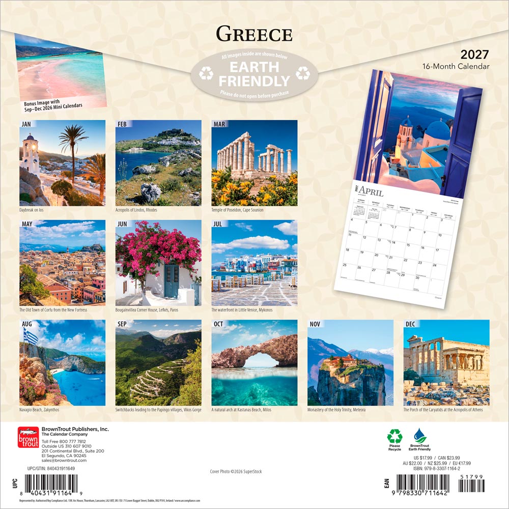 Greece | 2027 12 x 24 Inch (Hanging) Monthly Square Wall Calendar